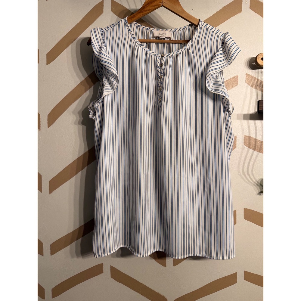Loft Blouse Womens Large Blue White Stripe Ruffle Sleeve Button Front Top